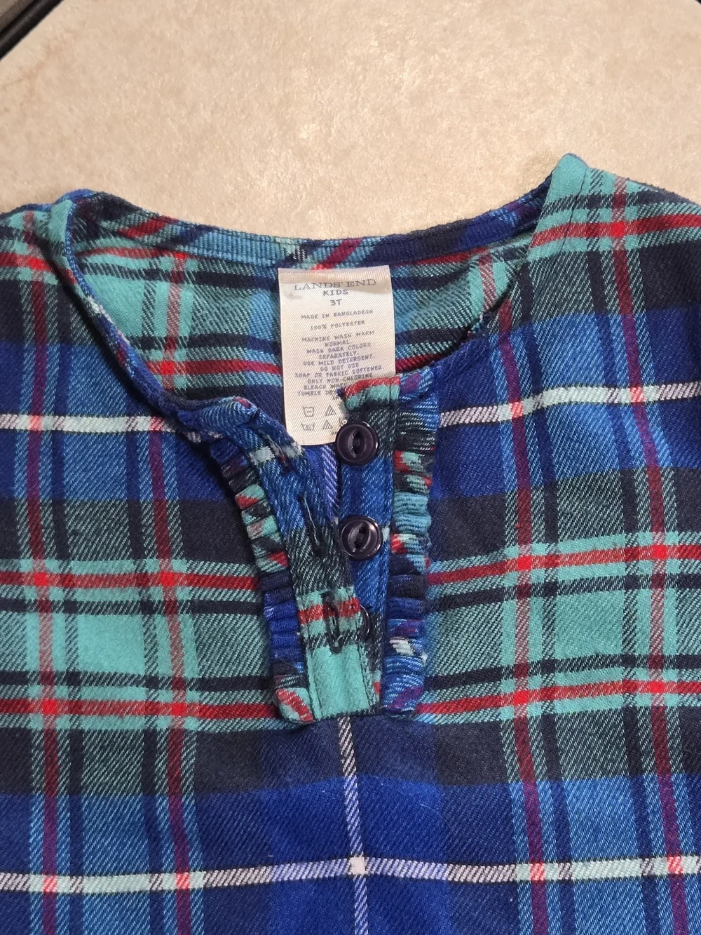 Lands' End Plaid Flannel Nightgown Girls 3T Blue Teal Long Sleeve Cozy Sleepwear